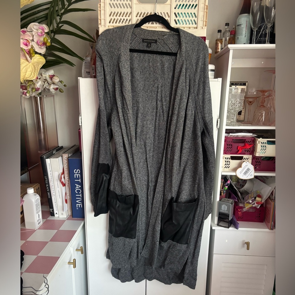 Banana Republic Gray Open Front Cardigan with Black faux Leather Pockets